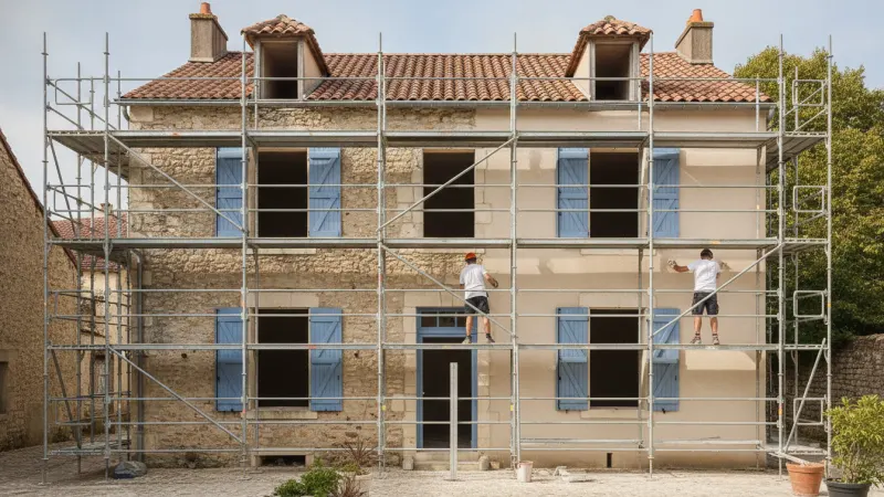 Ravalement de façade en cours sur une maison en pierre avec échafaudage
