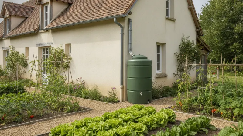 Récupérateur eau de pluie raccordé à la gouttière d'une maison avec potager