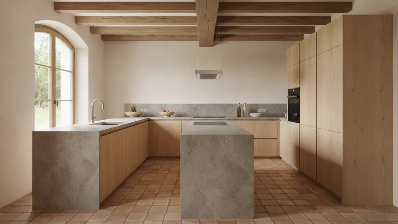 Rénovation cuisine terminée avec meubles en bois clair et poutres apparentes