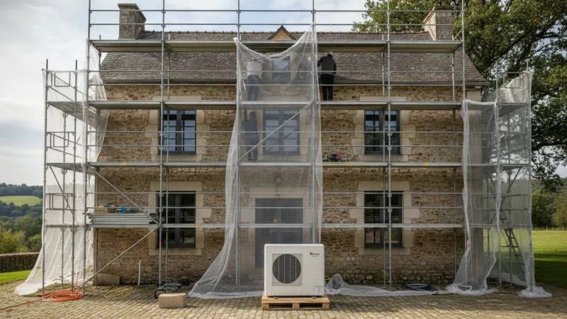 Maison ancienne en chantier de rénovation d'ampleur avec échafaudage et isolation