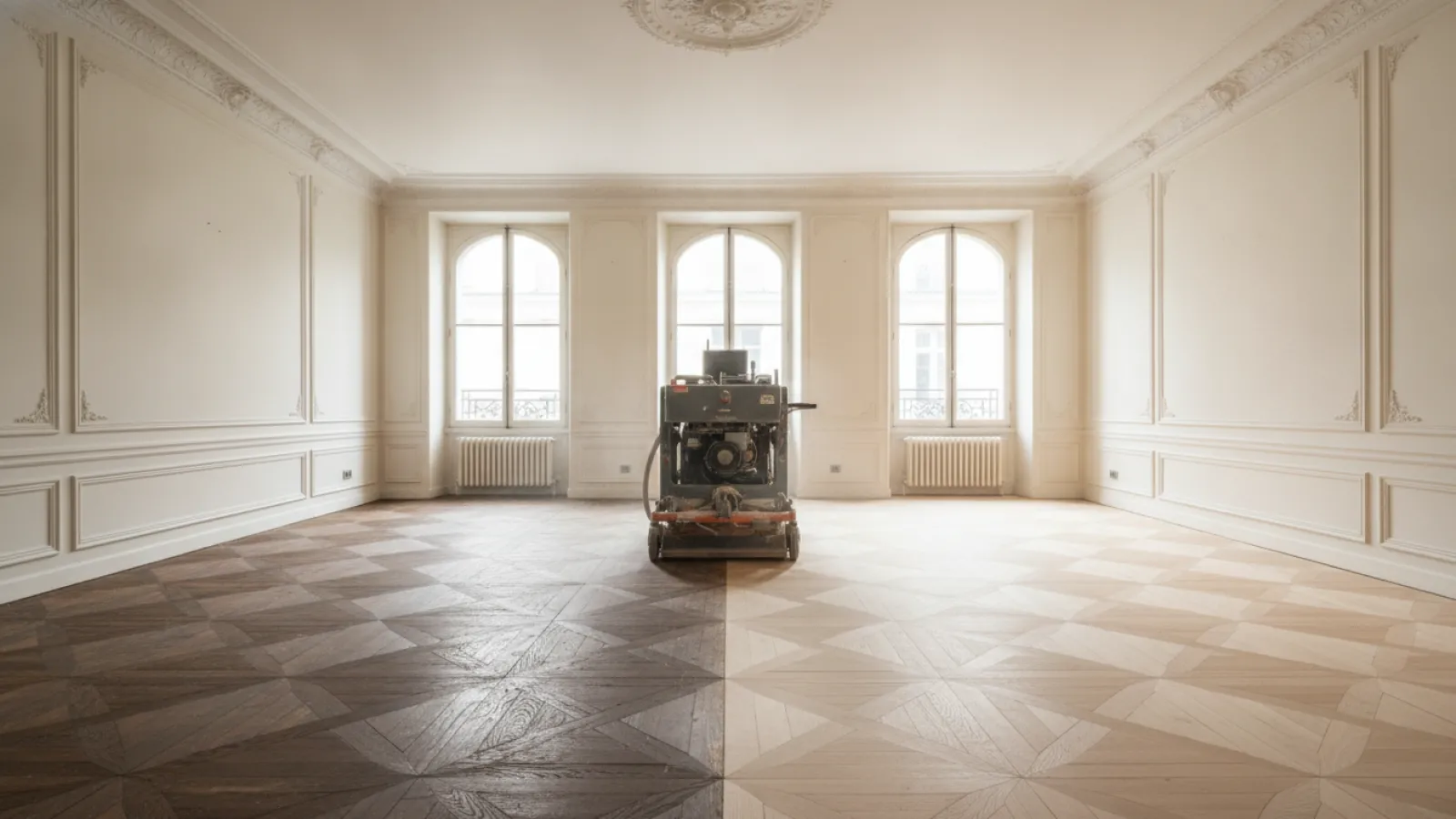 Rénovation de parquet ancien en cours de ponçage dans une pièce vide