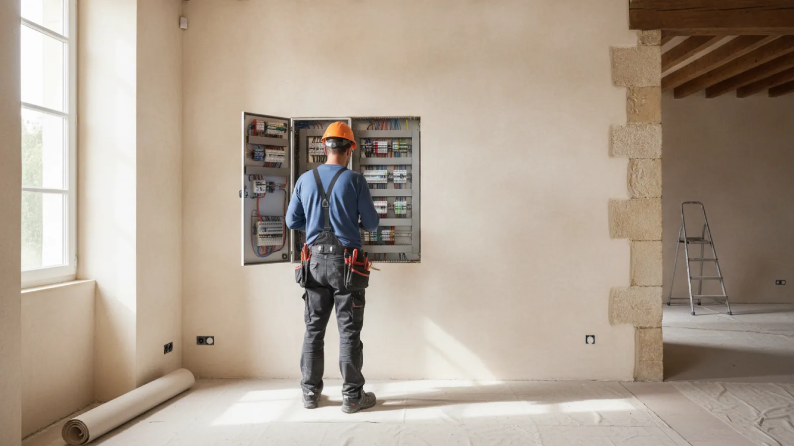 Électricien de dos installant un tableau neuf lors d'une rénovation électrique