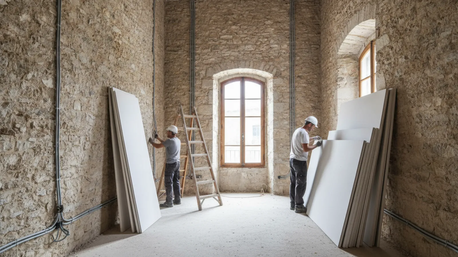 Intérieur de maison en chantier de rénovation globale avec murs en pierre