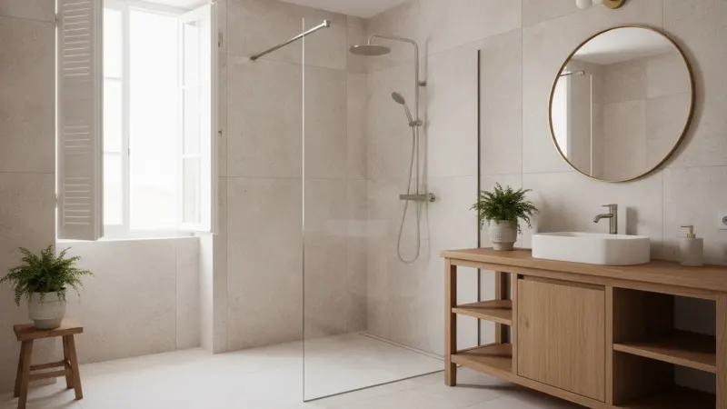 Rénovation salle de bain terminée avec douche à l'italienne et meuble bois