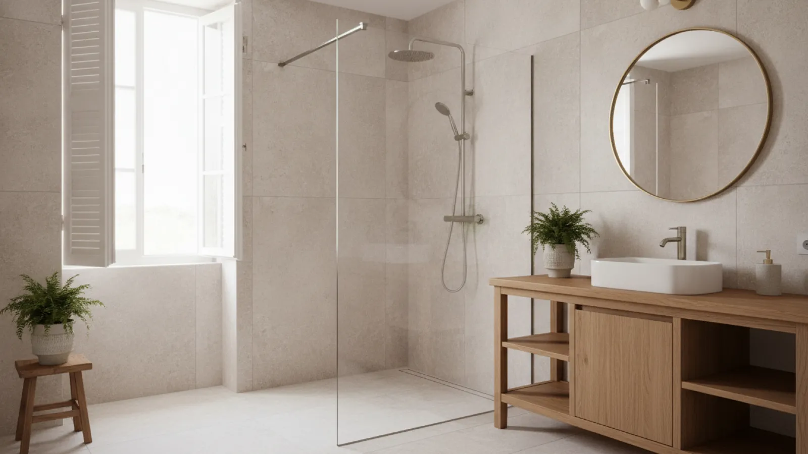 Rénovation salle de bain terminée avec douche à l'italienne et meuble bois