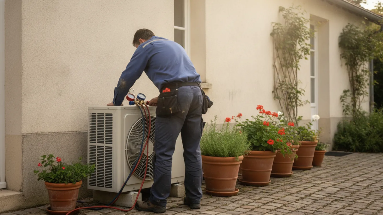 Technicien contrôlant l'unité extérieure pour une réparation climatisation