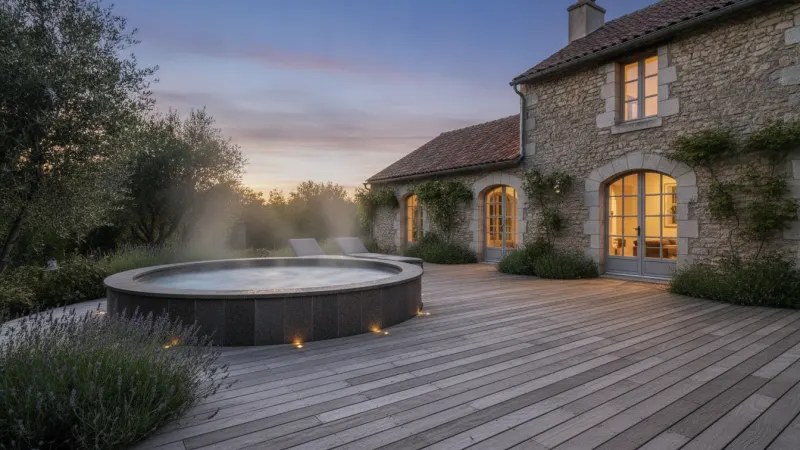 Spa extérieur installé sur une terrasse en bois près d'une maison