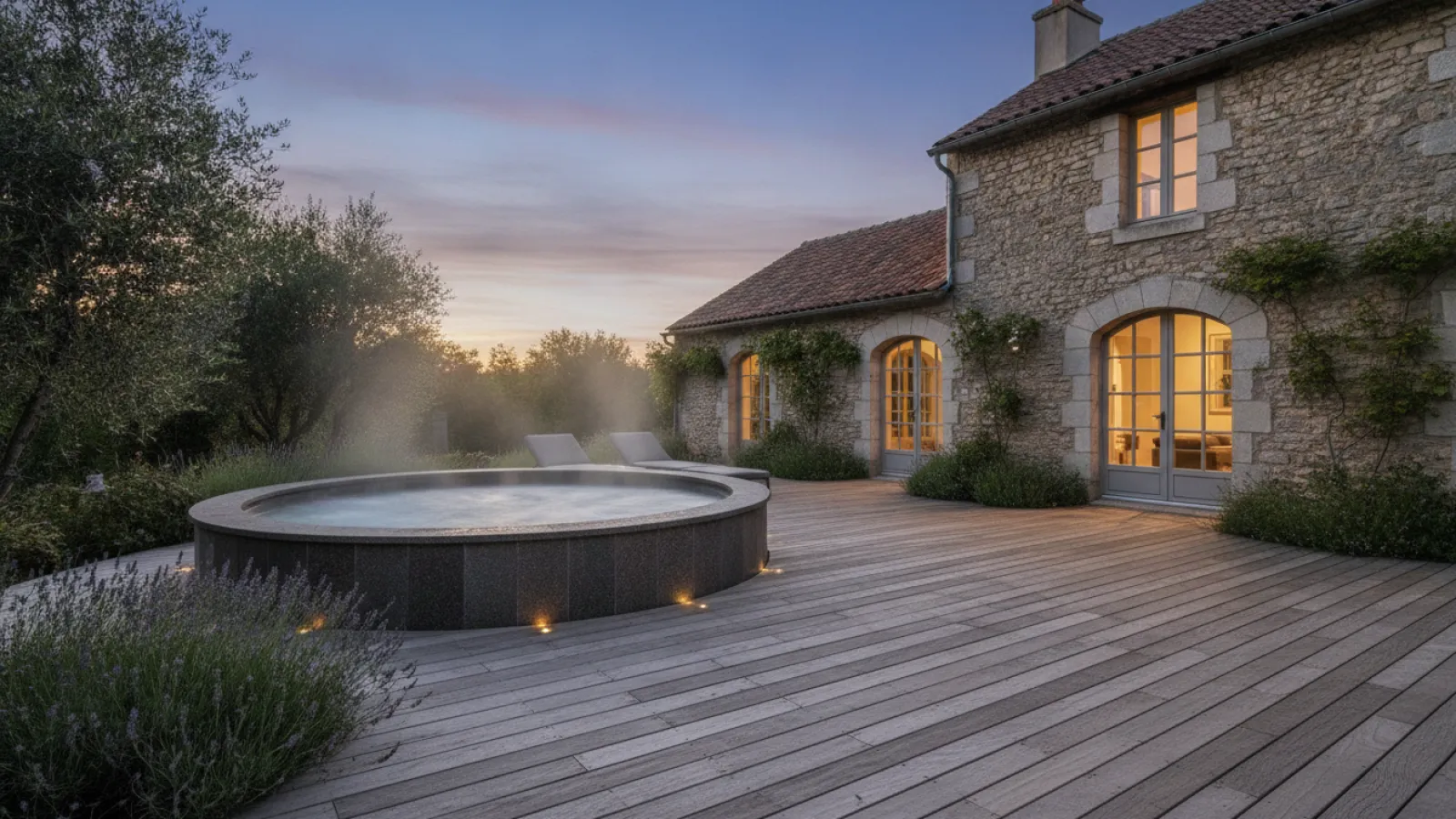 Spa extérieur installé sur une terrasse en bois près d'une maison