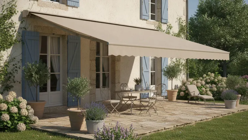 Store banne déployé au-dessus de la terrasse d'une maison en été