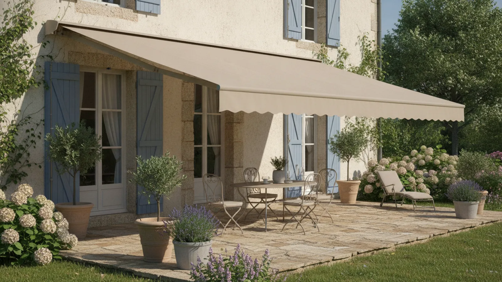 Store banne déployé au-dessus de la terrasse d'une maison en été