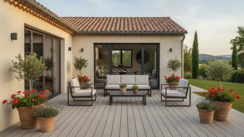 Terrasse en composite aménagée devant les baies vitrées d'une maison