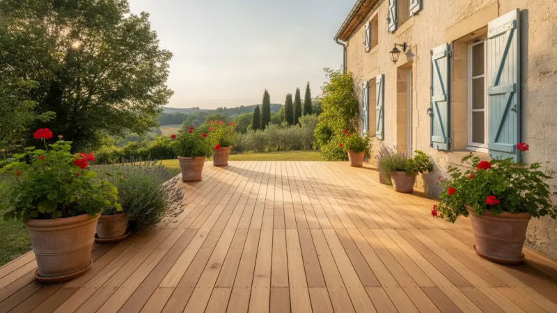 Terrasse en bois neuve au pied d'une maison aux volets bleus