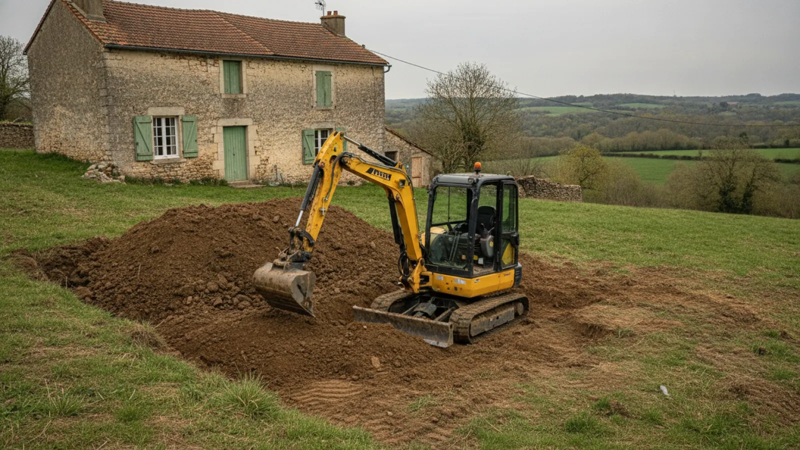 Mini-pelle réalisant un terrassement pour les fondations d'une maison