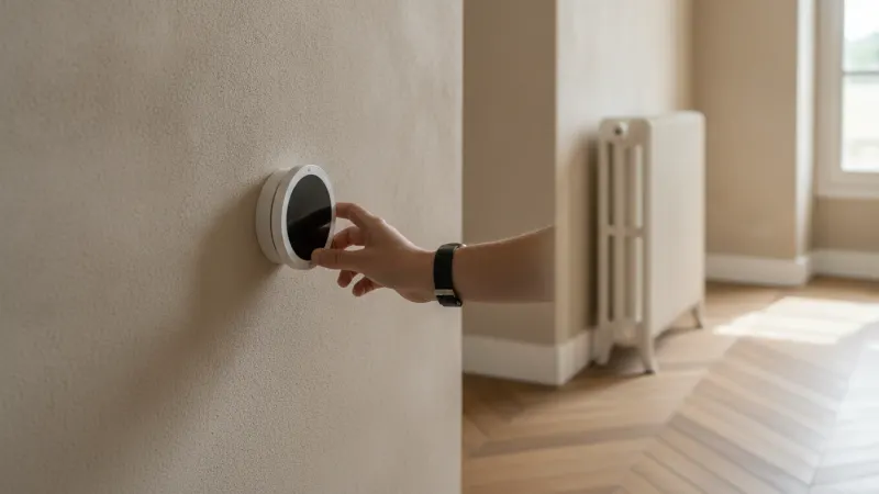 Thermostat connecté installé sur le mur d'un séjour de maison
