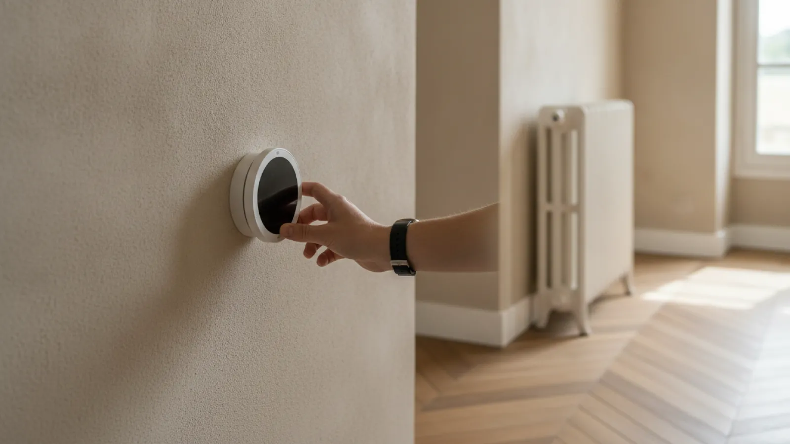 Thermostat connecté installé sur le mur d'un séjour de maison
