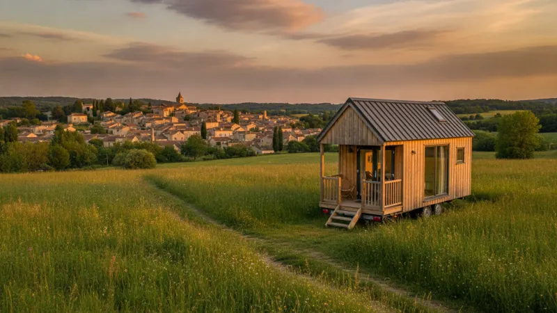 Tiny house en bois sur remorque installée dans un pré