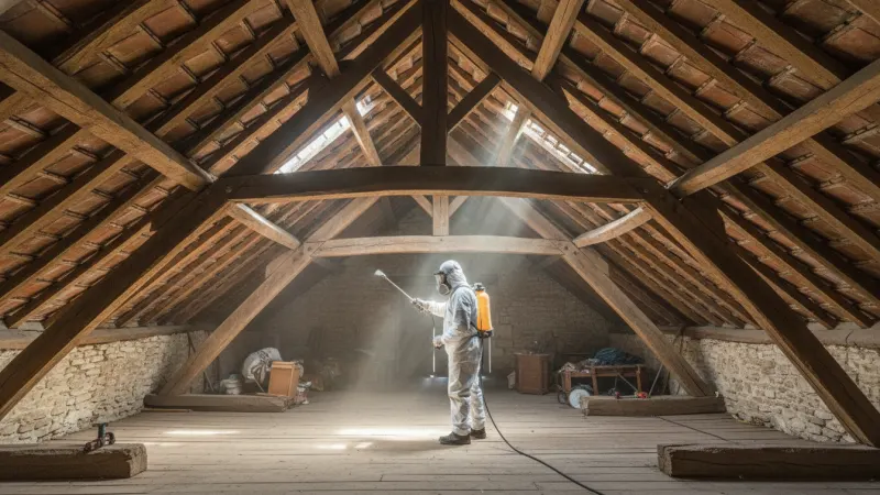 Traitement charpente en bois dans les combles d'une maison ancienne