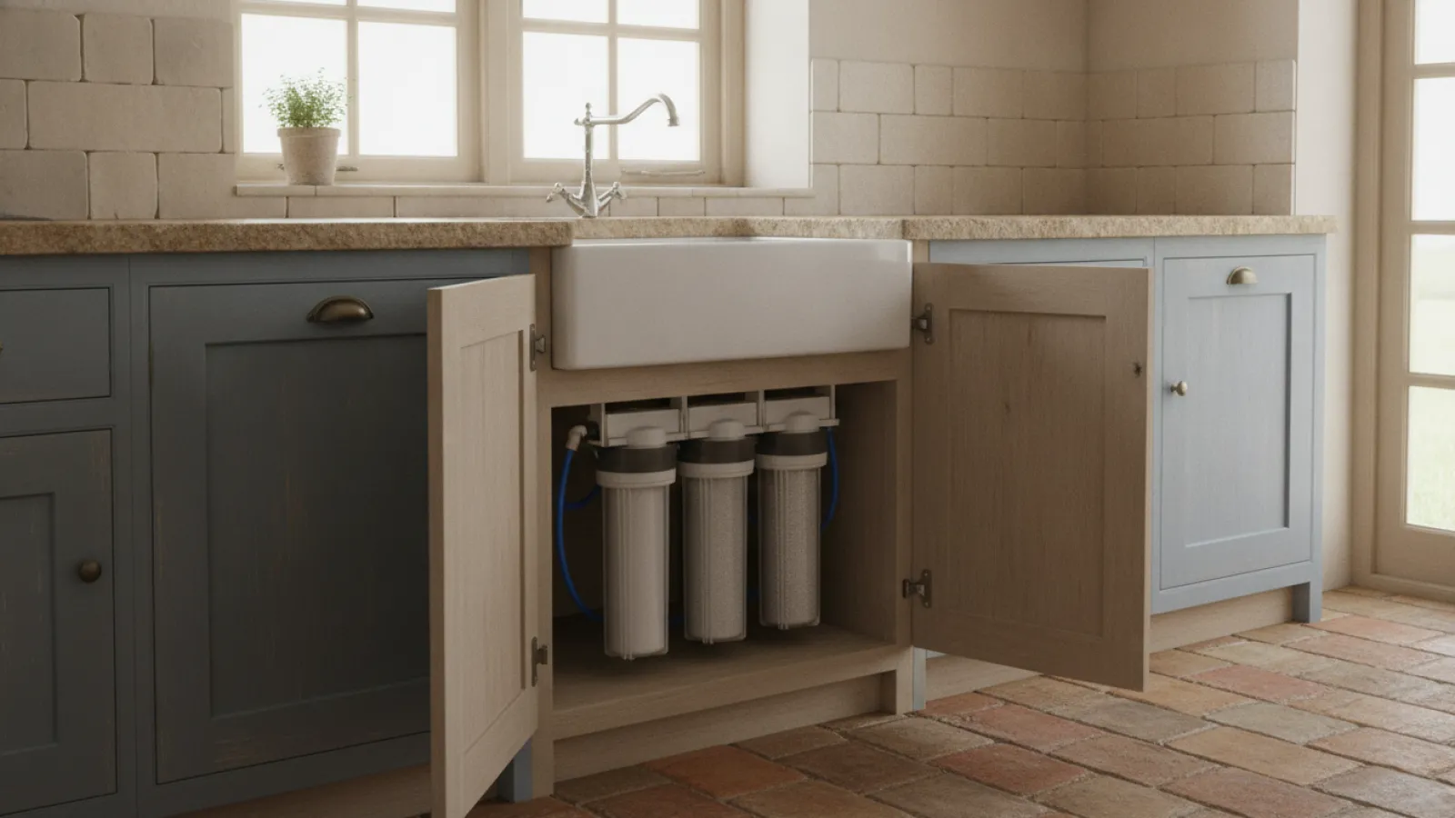 Système de traitement de l'eau installé sous l'évier d'une cuisine