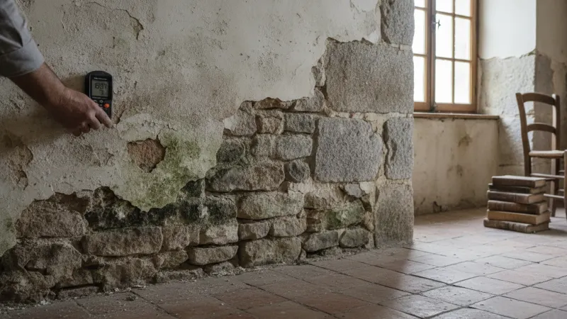 Mesure avant traitement de l'humidité sur un mur en pierre ancien