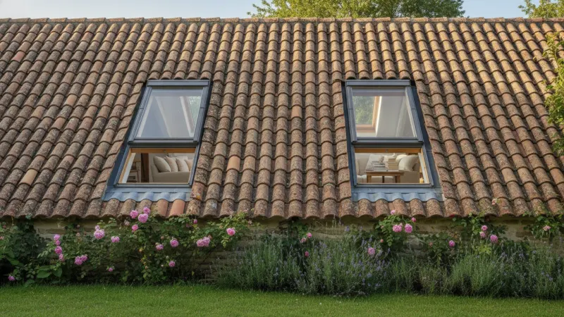Deux fenêtres de toit type velux posées sur une toiture en tuiles