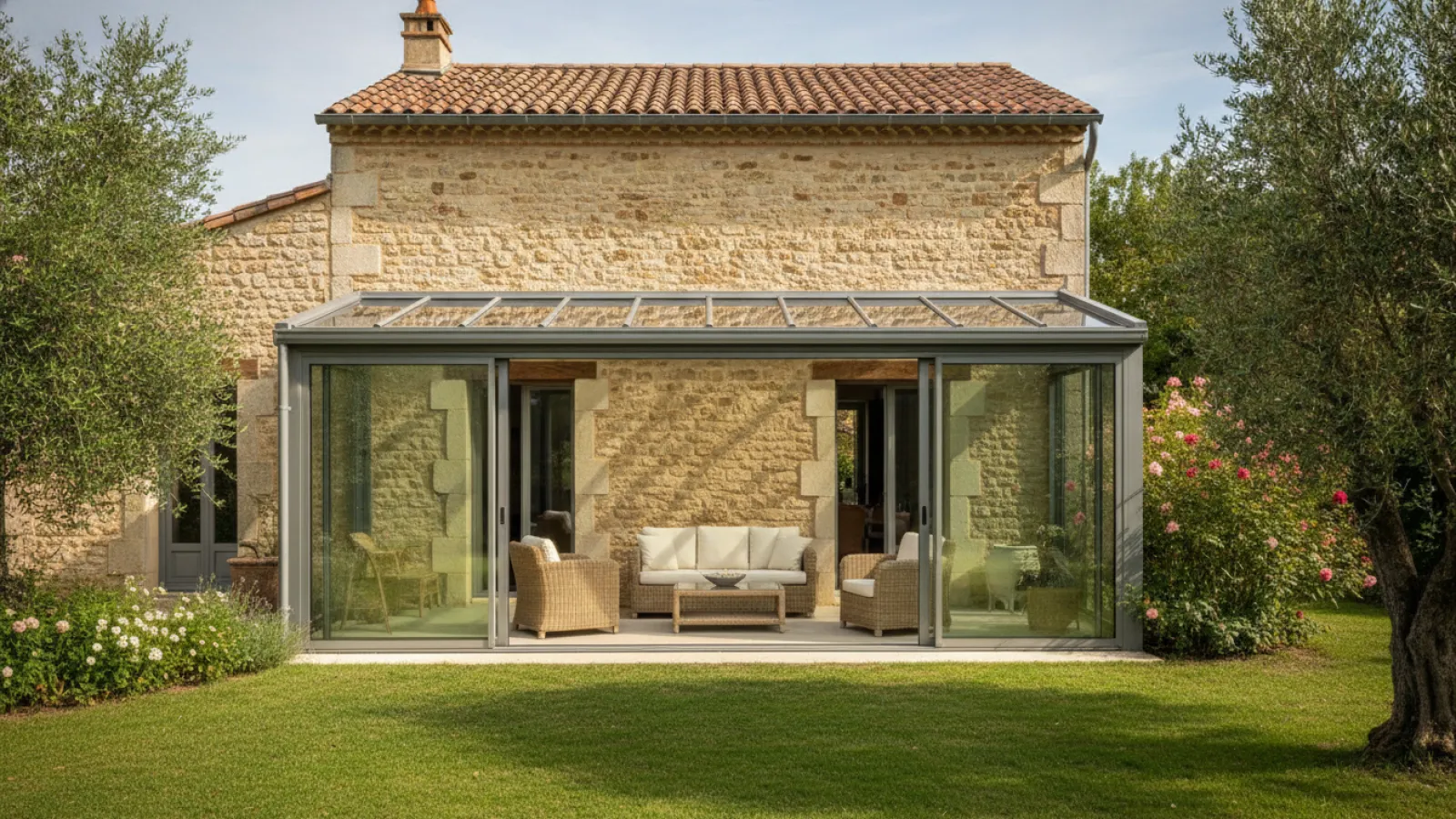 Véranda en aluminium accolée à une maison en pierre avec vue sur le jardin