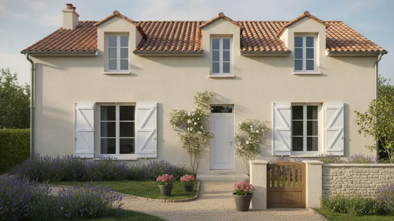 Volet battant PVC blanc sur une maison à l'enduit beige
