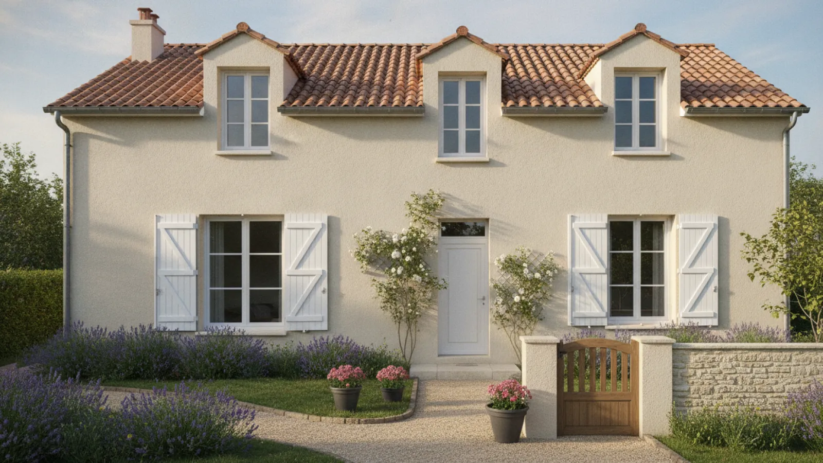Volet battant PVC blanc sur une maison à l'enduit beige
