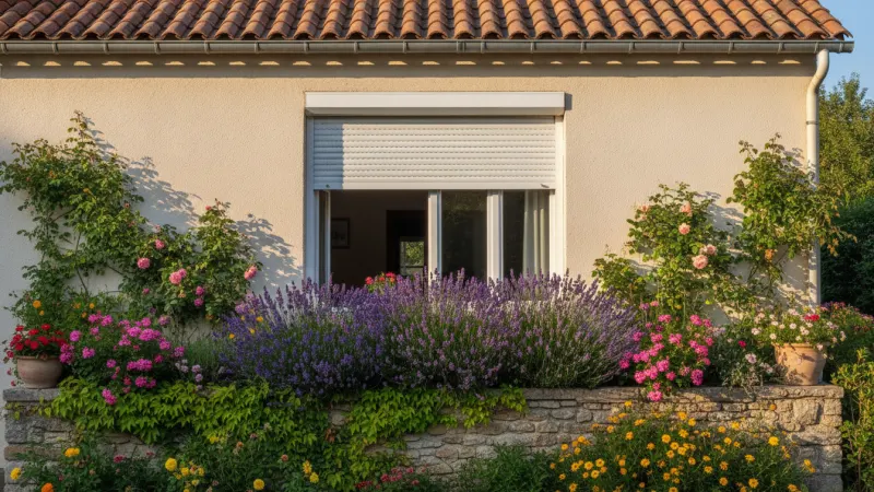 Volet roulant blanc à demi fermé sur une fenêtre de maison claire