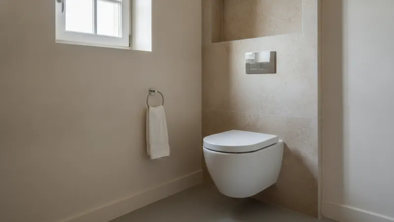 WC suspendu blanc posé sur un mur carrelé dans des toilettes rénovées